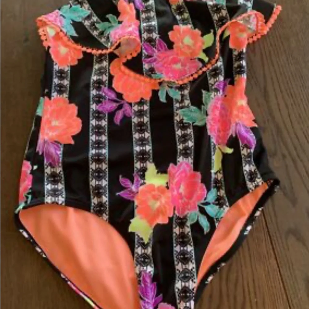 Wonder Nation girls XL/XG (14-16) Floral Striped Swimsuit with Pom Pom Trim